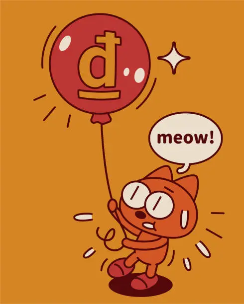 Vector illustration of A quirky and cute kitten desperately holds on to the money balloon flying upwards, the concept of inflation