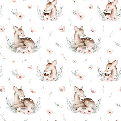 Watercolor Woodland animals seamless pattern. Fabric wallpaper forest with baby deer , Owl, fox and butterfly, Bunny rabbit set of forest, bear and bird baby animal Nursery