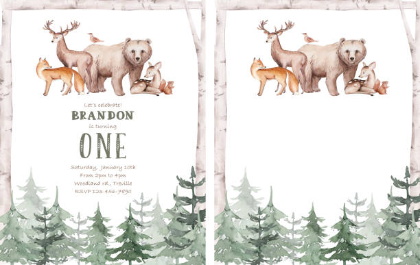 Woodland cartoon Animals watercolor illustration template. Pre made frame for baby shower, birthday invitation kids baby deer, fox in the forest. Cute bear, rabbit and birds Woodland cartoon Animals watercolor illustration template. Pre made frame for baby shower fawn, birthday invitation kids baby deer, fox in the forest. bear, rabbit and birds background of woodland stock illustrations