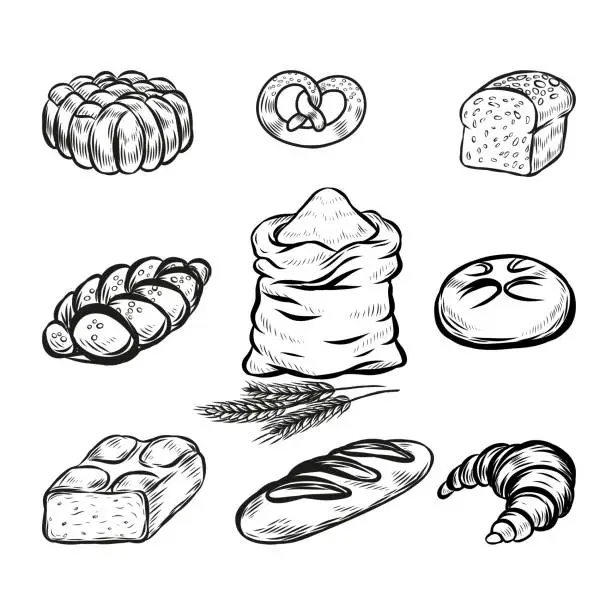 Vector illustration of Bread and flour bag line drawing set.