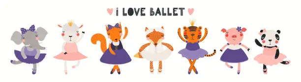 Vector illustration of Banner with cute animals ballerina girls, dancers