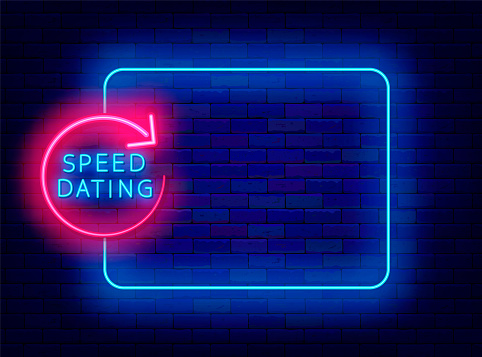 Speed dating neon announcement. Romantic meeting. Marriage agency flyer. Empty blue frame and typography. Fast dinner in cafe. Shiny advertising. Copy space. Editing text. Vector stock illustration