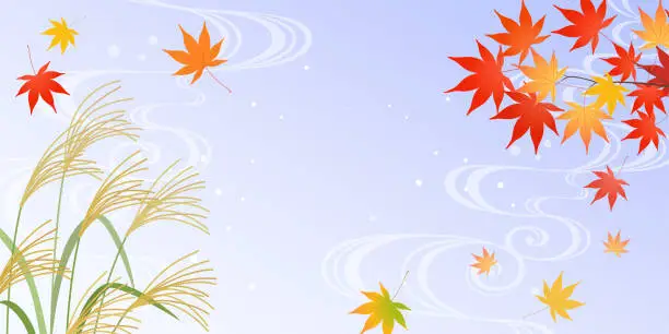 Vector illustration of Japanese pampas grass, autumn leaves and water ripples_background (2:1)
