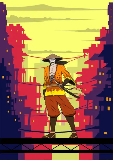 Vector illustration of Vector Anime Samurai in a Future Slum Area Cyberpunk City Vector Illustration