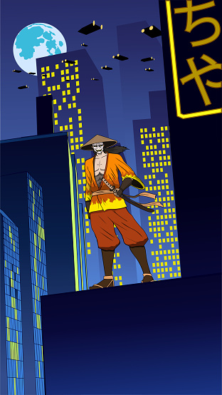 A vector illustration of an anime style samurai with cyberpunk city setting in the background. Easy to grab and edit. Wide space available for your text or copy.