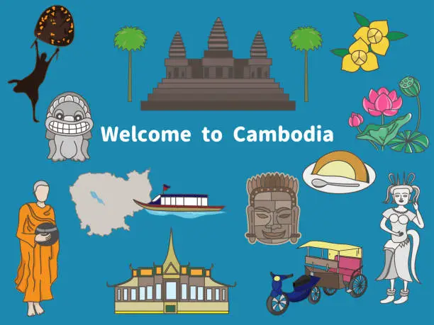 Vector illustration of Welcome to Cambodia famous things illustration