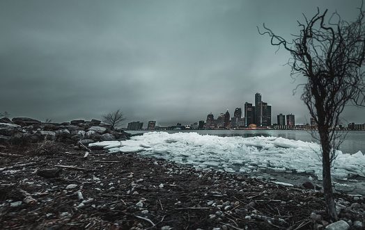 The Detroit skyline during the winter.