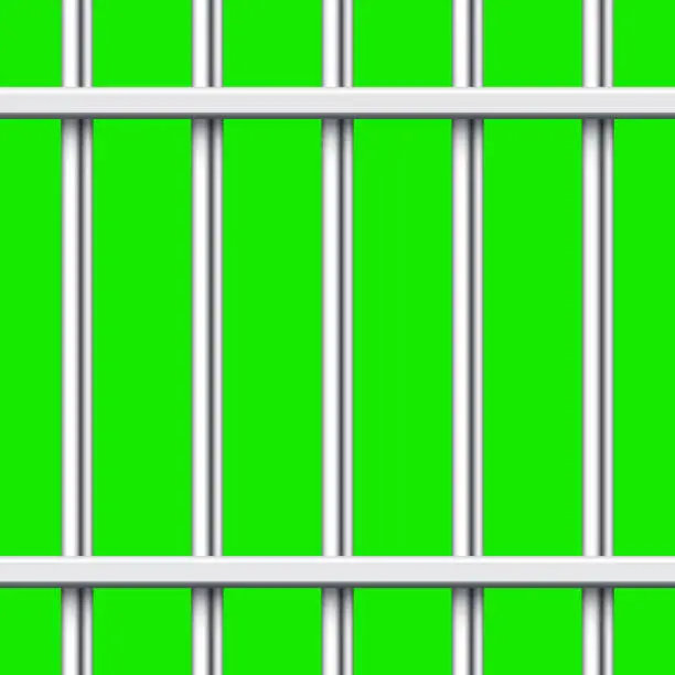 Vector illustration of Shiny metal prison bars isolated on green chroma key. Detailed jail cage, prison iron fence. Criminal background mockup. Vector illustration