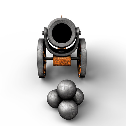 Ancient Vintage Medieval Cannon with Cannon Ball. 3D Illustration. File with Clipping Path.