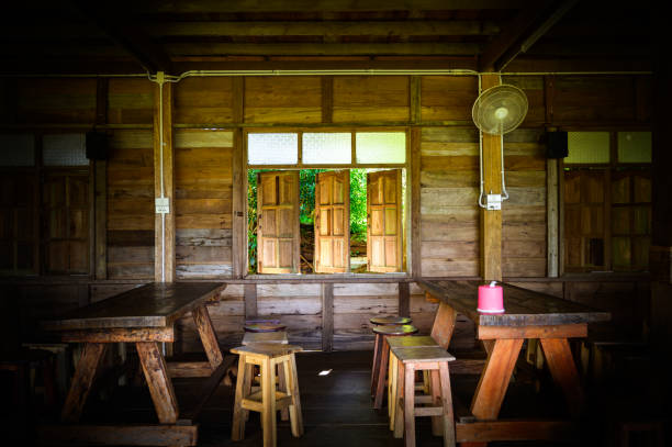 istock Dining table set made from old wood and wooden windows that light shine through 1973994322