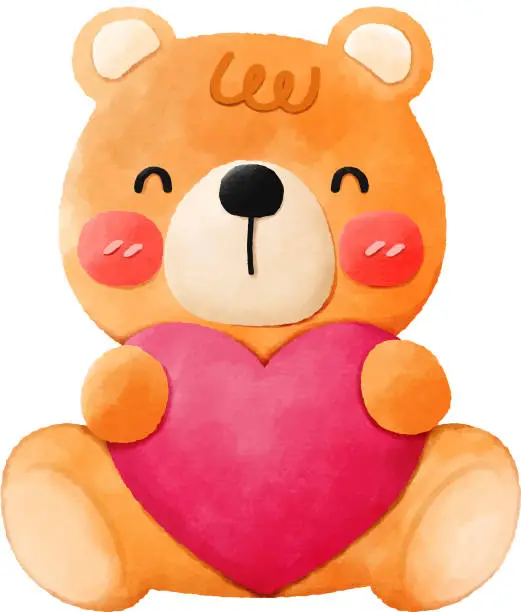 Vector illustration of cute teddy bear cuddling a big red heart in watercolor design