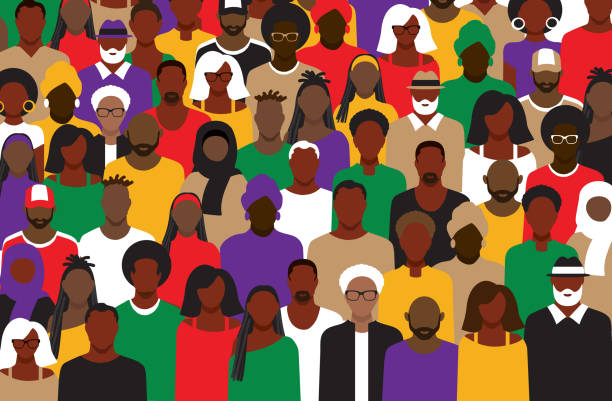 Large Crowd of Black or African American people front view in bright colors - ilustração de arte vetorial