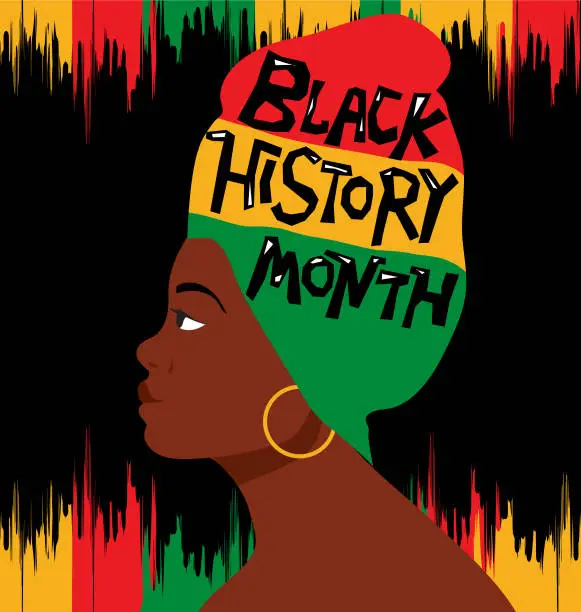 Vector illustration of Black History Month February concept. African American Woman silhouette with hand drawn text