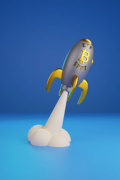 イラストを撮るビットコインetfスポットサインを持つ漫画off. 3d宇宙航空機。 - rocket taking off spaceship space ストックフォトと画像