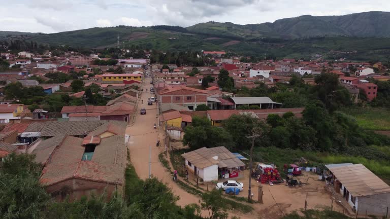 Flyover dirt streets in charming Samaipata pueblo in central Bolivia