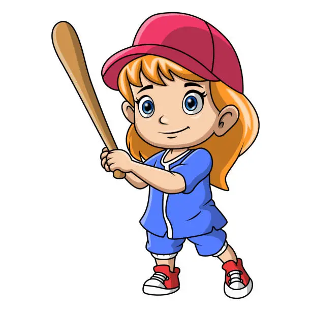 Vector illustration of Cute little girl cartoon playing a baseball