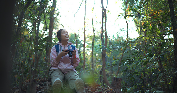 Backlit and light flare, Young female backpacker Sitting happily on mound and using digital camera to take pictures of beautiful nature.