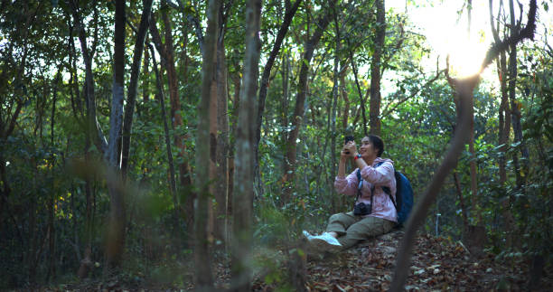 istock Young Asian backpacker woman sit on mound, use smartphone taking photo in forest 1974051429