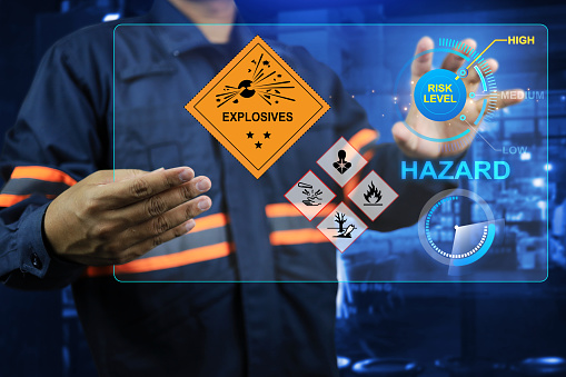 Explosive experts is working on high risk taking to scan for hazardous materials with advanced technology. Dangerous substance concept