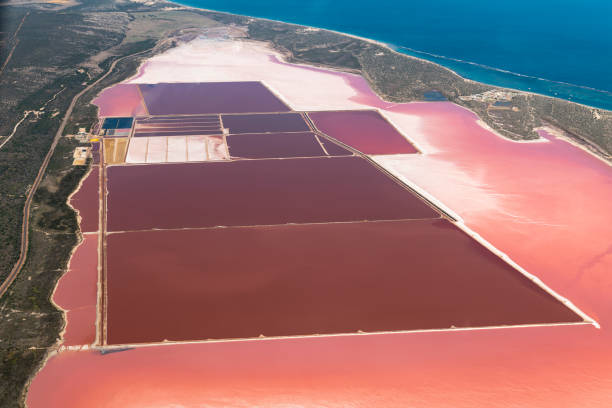 Aerial view of Saltworks on the Western Australian Coast , Pink and reds.