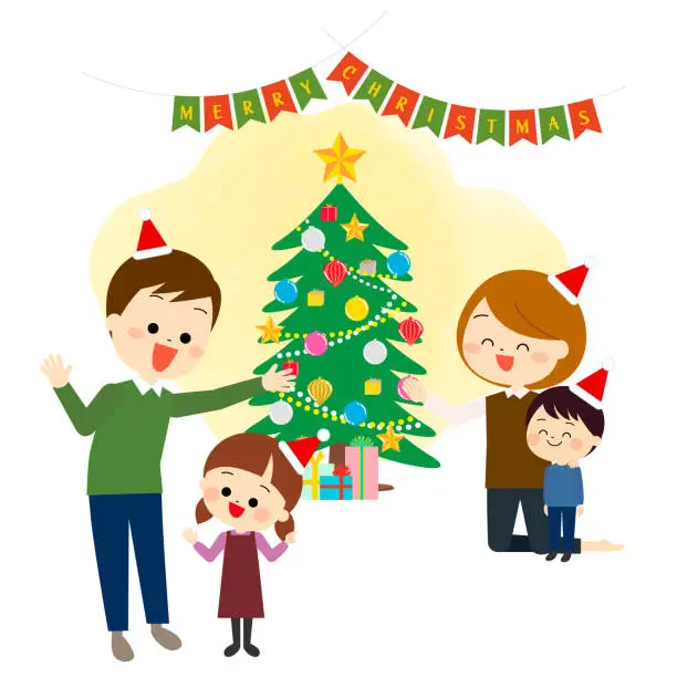 Vector illustration of Parent and child having fun talking with the Christmas tree