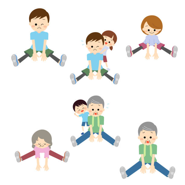 Set of family doing stretching Set of family doing stretching family reunion clip art stock illustrations