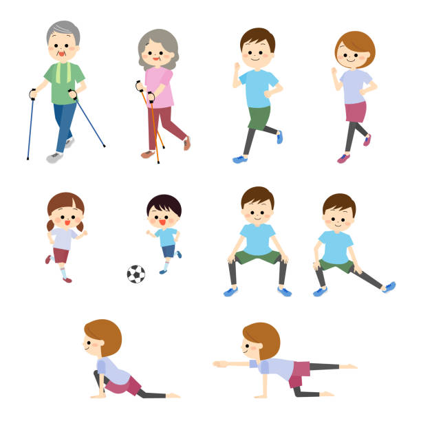 Set of families doing different exercises Set of families doing different exercises family reunion clip art stock illustrations