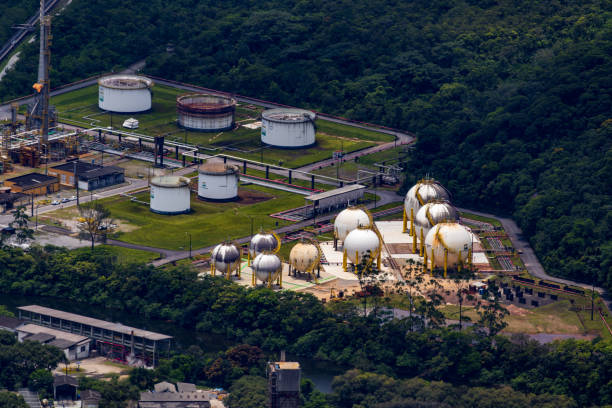 Aerial View of Spherical Gas Storage Tanks at Industrial Plant in Cubatão, Brazil. Cubatao, Sao Paulo, Brazil - November 20, 2022: Aerial View of Spherical Gas Storage Tanks at Industrial Plant in Cubatão, Brazil. cubatão stock pictures, royalty-free photos & images
