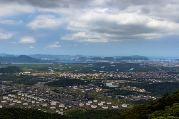 Panoramic View of Cubatão Industrial Area and Surrounding Nature in Brazil. Cubatao, Sao Paulo, Brazil - November 20, 2022: Panoramic View of Cubatão Industrial Area and Surrounding Nature in Brazil. cubatão stock pictures, royalty-free photos & images