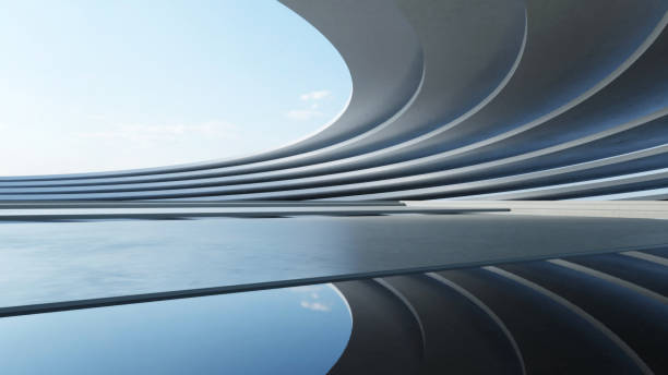 istock 3d render of abstract wavy futuristic architecture with concrete floor. 1974168327