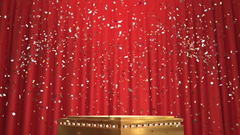 Gold podium with gold confetti background, Golden podium display empty mockup