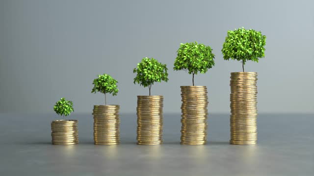 Stacks of coins arranged in a bar graph with a tree growing, Saving money concept