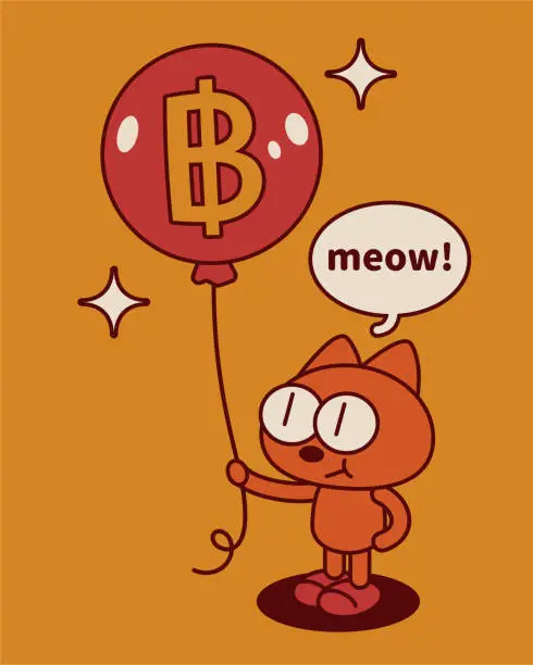 Vector illustration of A quirky and cute kitten holds on to the money balloon flying upwards