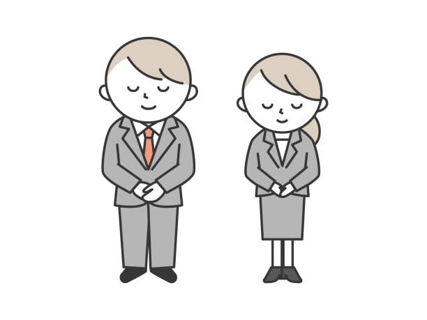 Young men and women in suits bowing with smiles Young men and women in suits bowing with smiles. Simple style illustrations with outlines. bowing cartoon stock illustrations