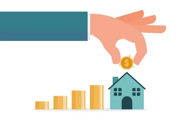 Vector illustration of Businessman's hand puts coins on a wooden house. The growing process of saving money. Real estate investing and home mortgages. financial concept. Vector illustration flat design style