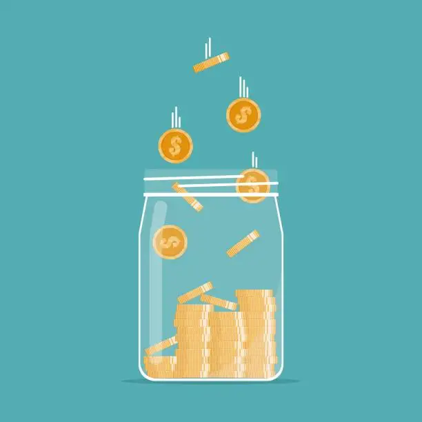 Vector illustration of The glass silver jar was filled with more gold coins. Keep the dollar coins in the money box. Income growth, savings, investment, wealth, business success. Vector illustration flat design style