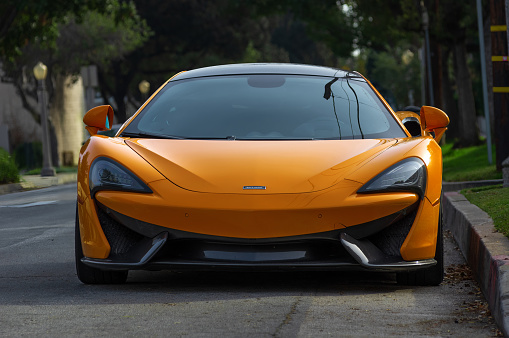 Pasadena, California, United States: McLaren 600LT, sports car, shown parked in the City of Pasadena, Los Angeles County.