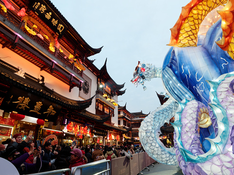 Shanghai, China - Jan. 29, 2024: Lantern Festival in the Chinese New Year( Dragon year), Chinese traditional colorful dragon lantern in Yuyuan Garden, crowded tourists enjoy their holiday.