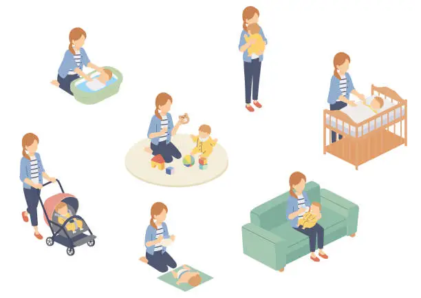 Vector illustration of Isometric illustration of a woman taking care of a baby
