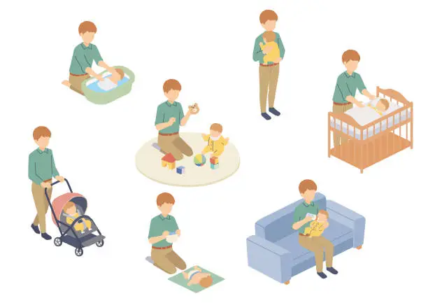 Vector illustration of Isometric illustration of a man taking care of a baby