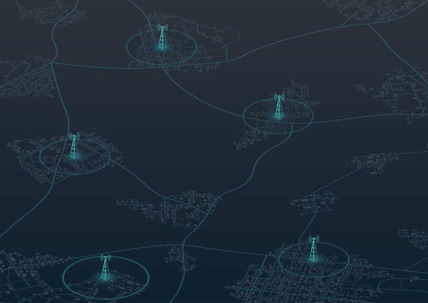 illustrazioni stock, clip art, cartoni animati e icone di tendenza di the signal tower of 5g signal, networks to distribute fast signals on area. wireless network communication on map of city. editable isometric, vector illustration - tower isometric communications tower antenna