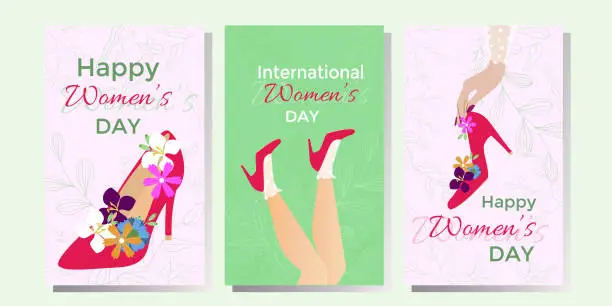 Vector illustration of International women's day! 8 March. Trendy set of greeting cards and posters for the spring holiday. Female leg in high heels. Vector illustration
