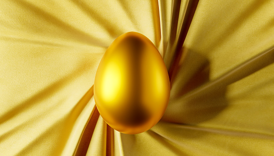 Golden egg on on gold brocade beautifully laid out with folds as symbol of Easter, prosperity, wealth, prosperity and good luck. Easter golden egg, premium layout. 3d illustration