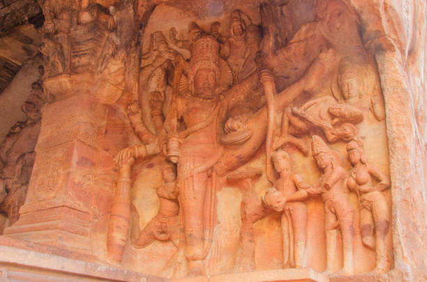 Lord Vishnu in the magnificent Trivikrama form, Badami cave temple, Karnataka, India, Asia.