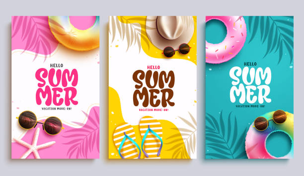 Summer hello poster vector set design. Hello summer text greeting with floaters, hat, flipflop and starfish beach elements for tropical season Summer hello poster vector set design. Hello summer text greeting with floaters, hat, flipflop and starfish beach elements for tropical season template collection. Vector illustration summer greeting poster. beach wallpaper stock illustrations