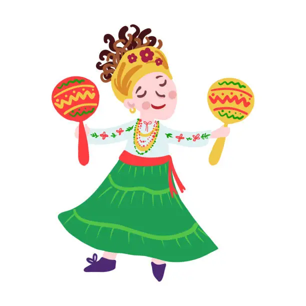 Vector illustration of Mexican cartoon little girl with maracas in national costume, vector illustration isolated on white background, folk musician kid, Mexico colorful illustration, decorative Spanish dress for design