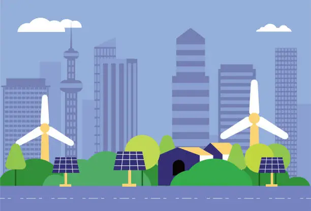 Vector illustration of Solar power generation and urban environmental protection, new energy environmental protection concept map.