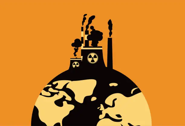 Vector illustration of Nuclear power plant exhaust pollutes the earth, earth environmental protection concept illustration.