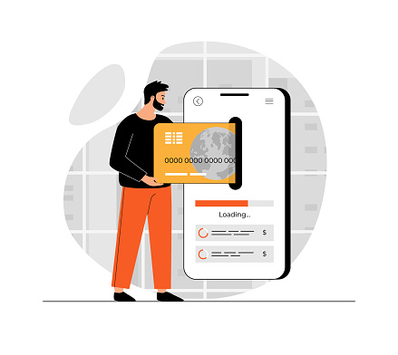 Mobile banking, online payment concept. Man with credit card make online transactions, using money transfer in app and paying bills. Illustration with people scene in flat design for website