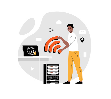 Wireless technology concept. WiFi network communication. Wireless connection to server, host and domain. Illustration with people scene in flat design for website and mobile development